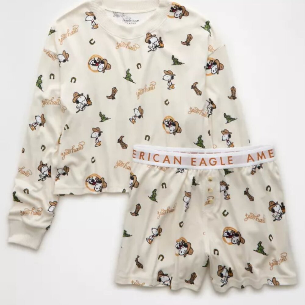 American Eagle Snoopy Cowboy Plush Pajama Set